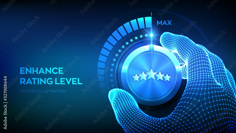 Poster rating levels knob button. increasing customer review rating. wireframe hand turning a rating test k