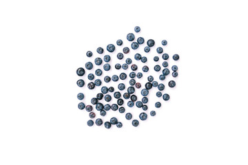 Blueberry isolated on a white background. Purple fresh berries. Flat lay, top view.