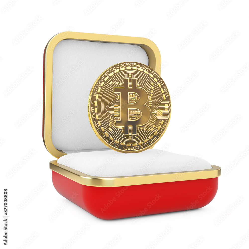 Poster digital golden cryptocurrency bitcoin coin in the red gift box. 3d rendering