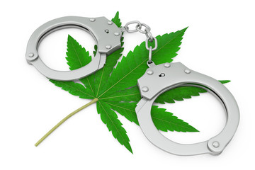 Metal Handcuffs with Medical Marijuana or Cannabis Hemp Leaf. 3d Rendering