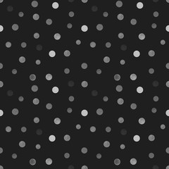 Polka dots seamless pattern. Monochrome print, grayscale. Watercolor illustration on black background. Great  for fabric, wrapping papers, wallpapers, covers. 