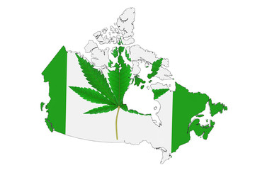 Medical Marijuana or Cannabis Hemp Leaf as Canada Flag and Map. 3d Rendering