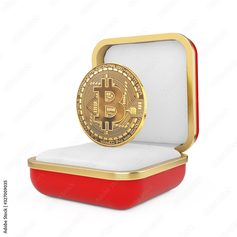 Poster digital golden cryptocurrency bitcoin coin in the red gift box. 3d rendering