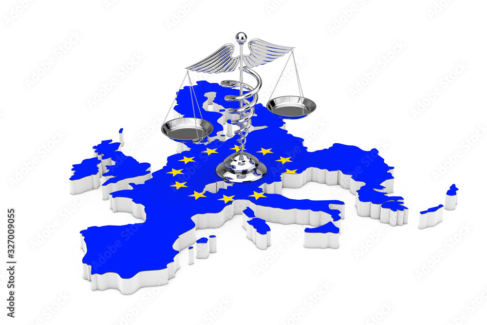 Poster medical caduceus symbol as scales over european union map with flag of eu. 3d rendering