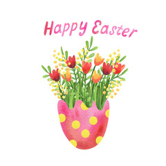 Bouquet of flowers in a pink cracked egg. There are tulips and mimosa flowers. Happy Easter lettering. Watercolor illustration isolated on white background. Easter products design. Greeting card.