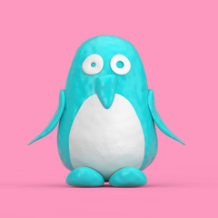 Cute Blue and White Toy Cartoon Plasticine or Clay Penguin in Duotone Style. 3d Rendering
