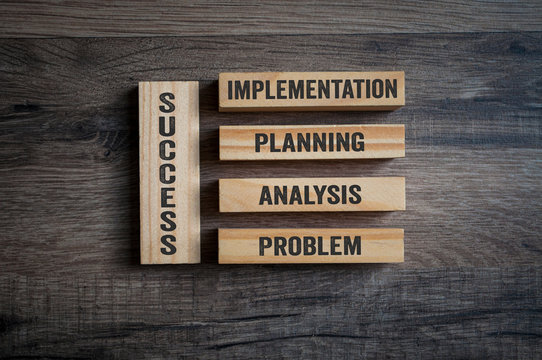 Wooden pieces with Success, Implementation, Planning, Analysis and Problem