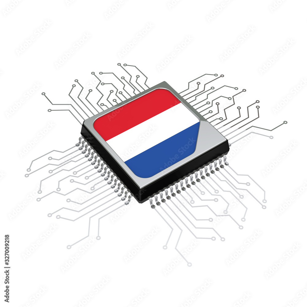 Poster Microchip CPU Processor with Circuit and the Netherlands Flag. 3d Rendering