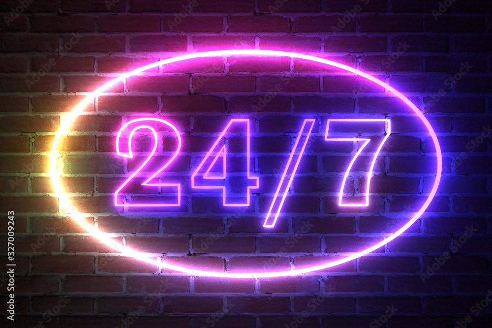 Poster Ellipse Neon Light Frame with 24 Hours and 7 Days the Week Sign. 3d Rendering