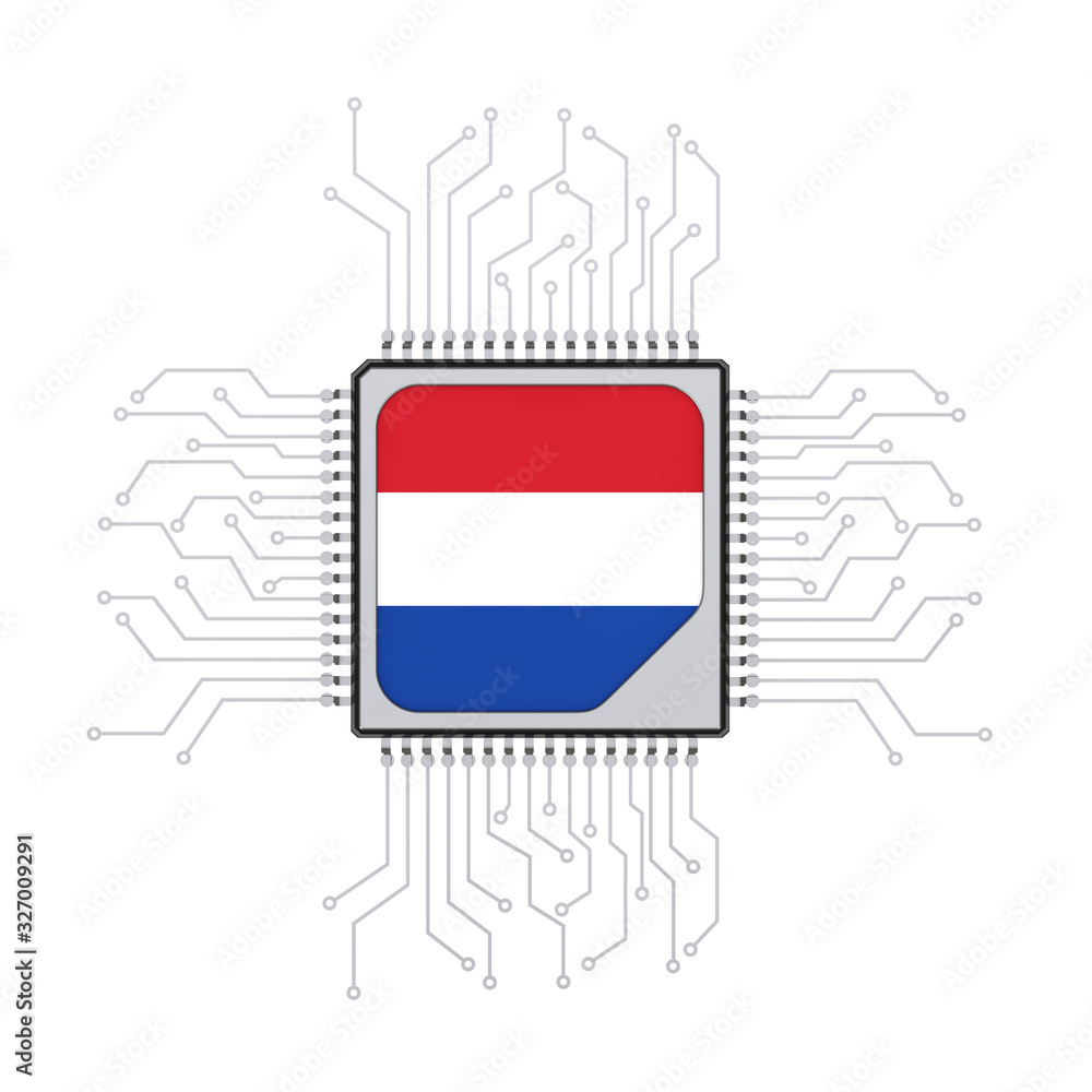 Poster Microchip CPU Processor with Circuit and the Netherlands Flag. 3d Rendering