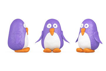Naklejka premium Cute Violet and White Toy Cartoon Plasticine or Clay Penguin. 3d Rendering