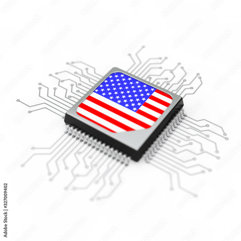 Poster Microchip CPU Processor with Circuit and USA Flag. 3d Rendering
