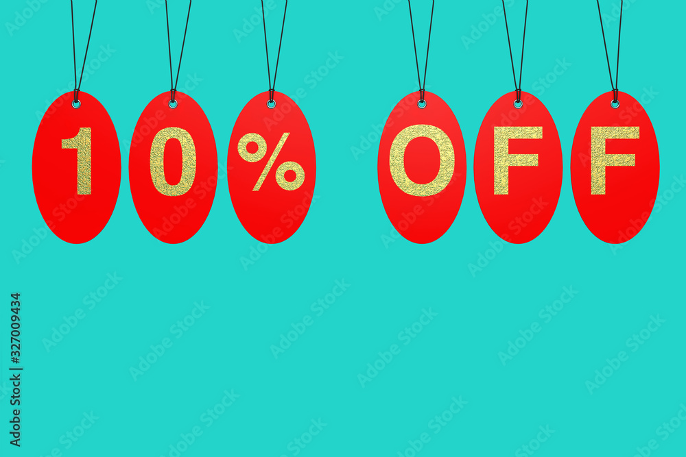 Poster red sale tags with 10 percent off sign. 3d rendering