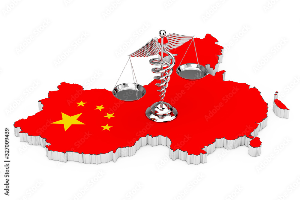 Poster medical caduceus symbol as scales over china map and flag. 3d rendering