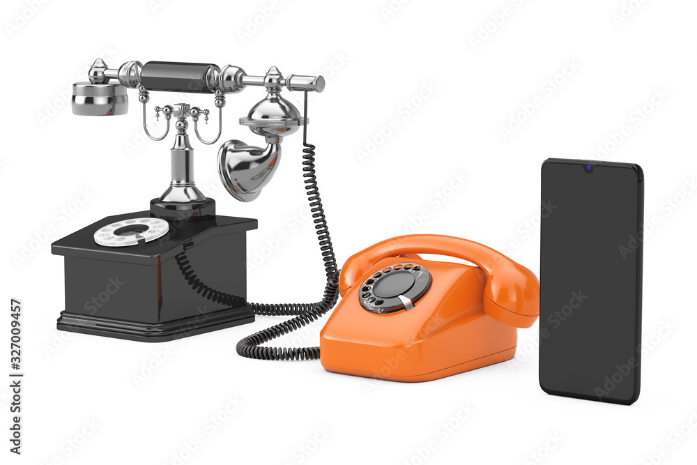 Poster technology evolution concept. progress from retro rotary phone to mobile phone. 3d rendering