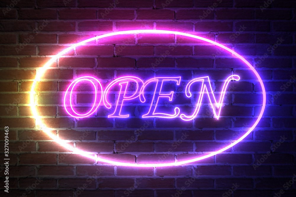 Aufkleber ellipse neon light frame with open sign. 3d rendering