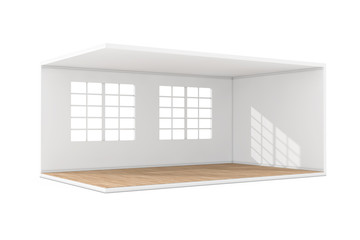 Empty Room Interior with Large Windows and Wooden Parquet Floor. 3d Rendering