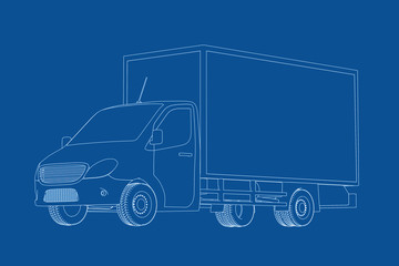 Technical Illustration of Wire-frame Style Commercial Industrial Cargo Delivery Van Truck Blueprint. 3d Rendering