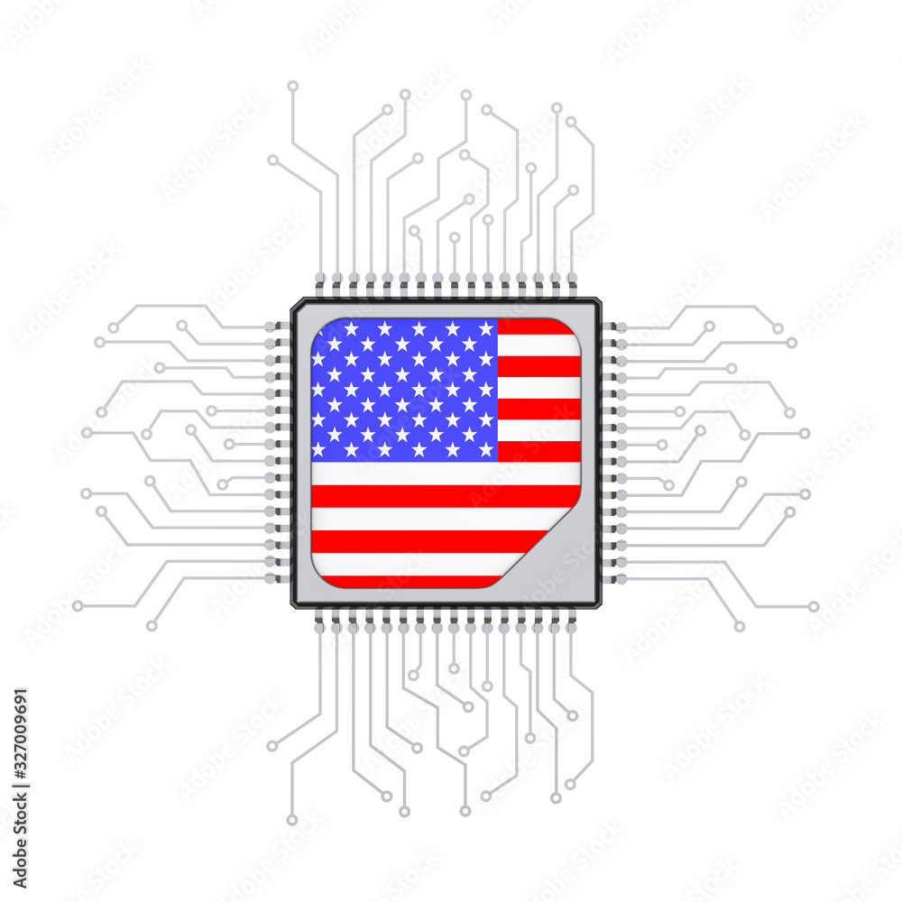 Poster Microchip CPU Processor with Circuit and USA Flag. 3d Rendering