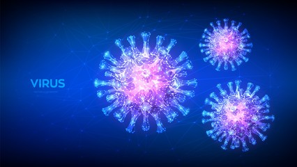 Coronavirus 2019-nCov novel coronavirus low poly abstract concept. Microscopic view of virus cells close up. Dangerous asian ncov corona virus, SARS pandemic risk. 3D polygonal vector illustration.
