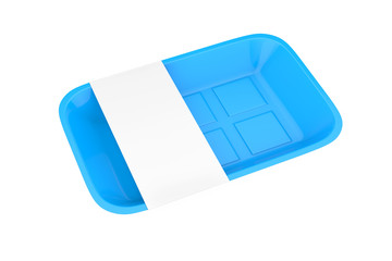 Empty Blue Plastic Food Container Tray Package with Blank Label for Your Design. 3d Rendering