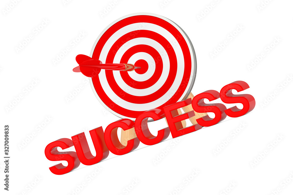 Fototapete Target to Success Concept. Success Sign in front of Archery Target with Dart in Center. 3d Rendering