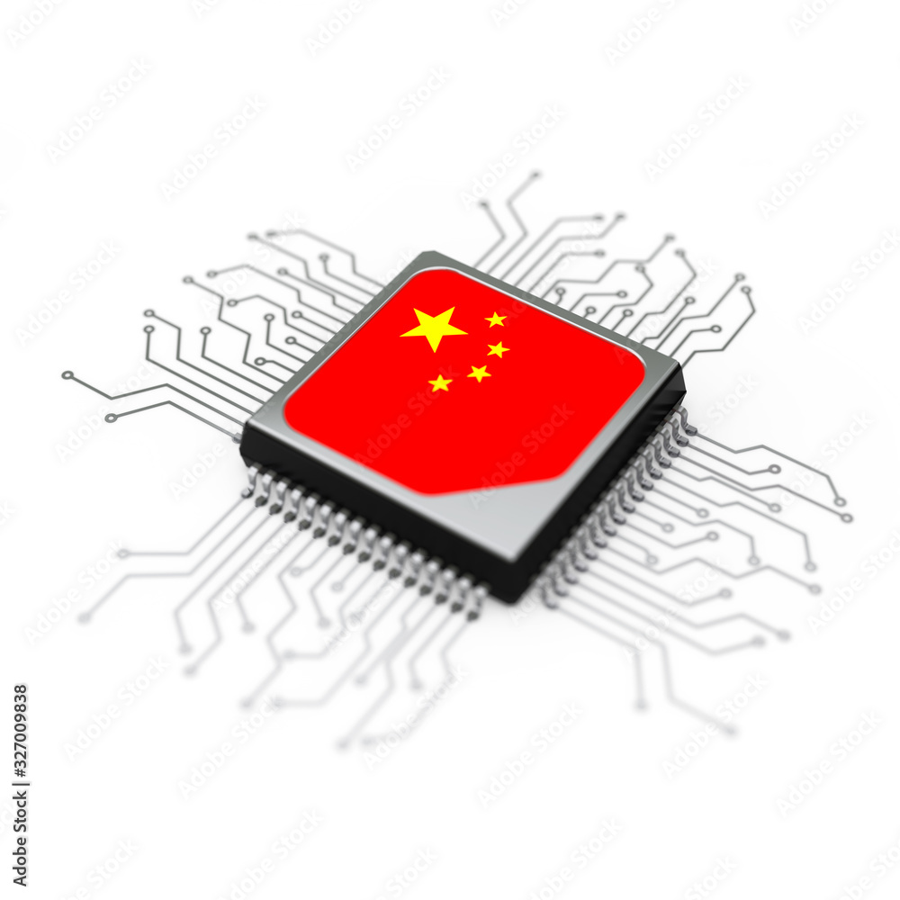 Aufkleber Microchip CPU Processor with Circuit and China Flag. 3d Rendering