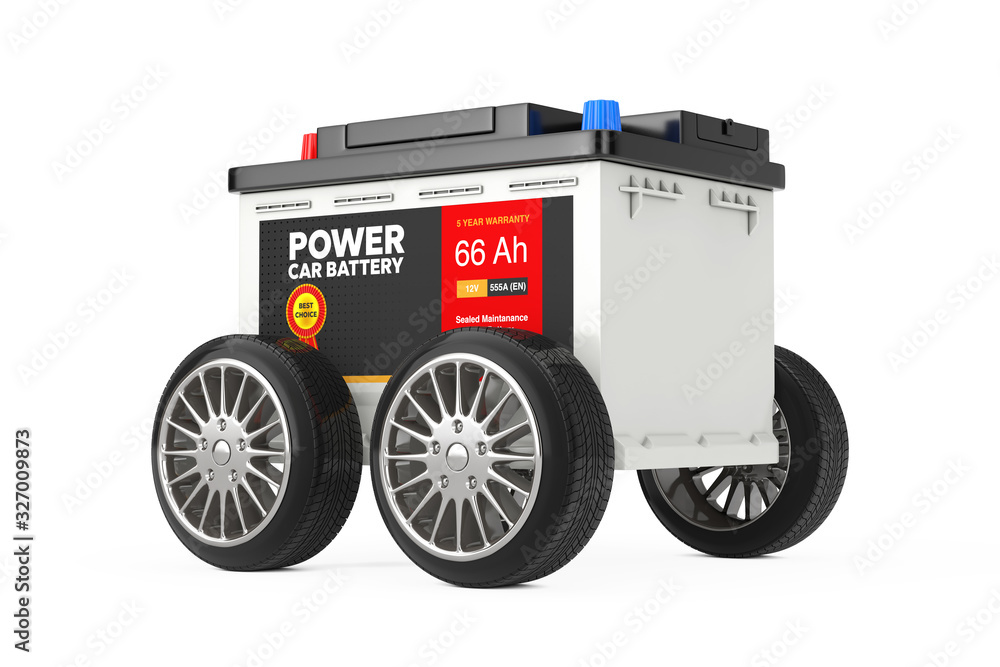 Poster Rechargeable Car Battery 12V Accumulator with Abstract Label with Wheels. 3d Rendering