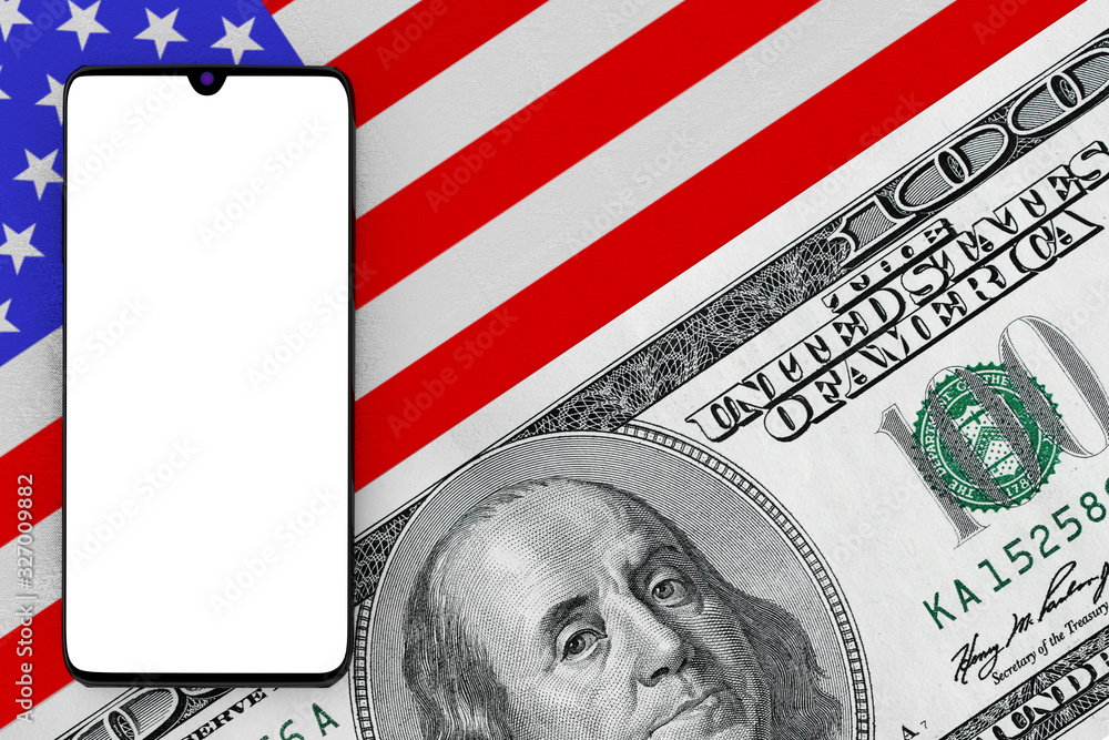 Aufkleber mobile phone with blank screen for your design over usa flag with one hundred dollar bill. 3d render