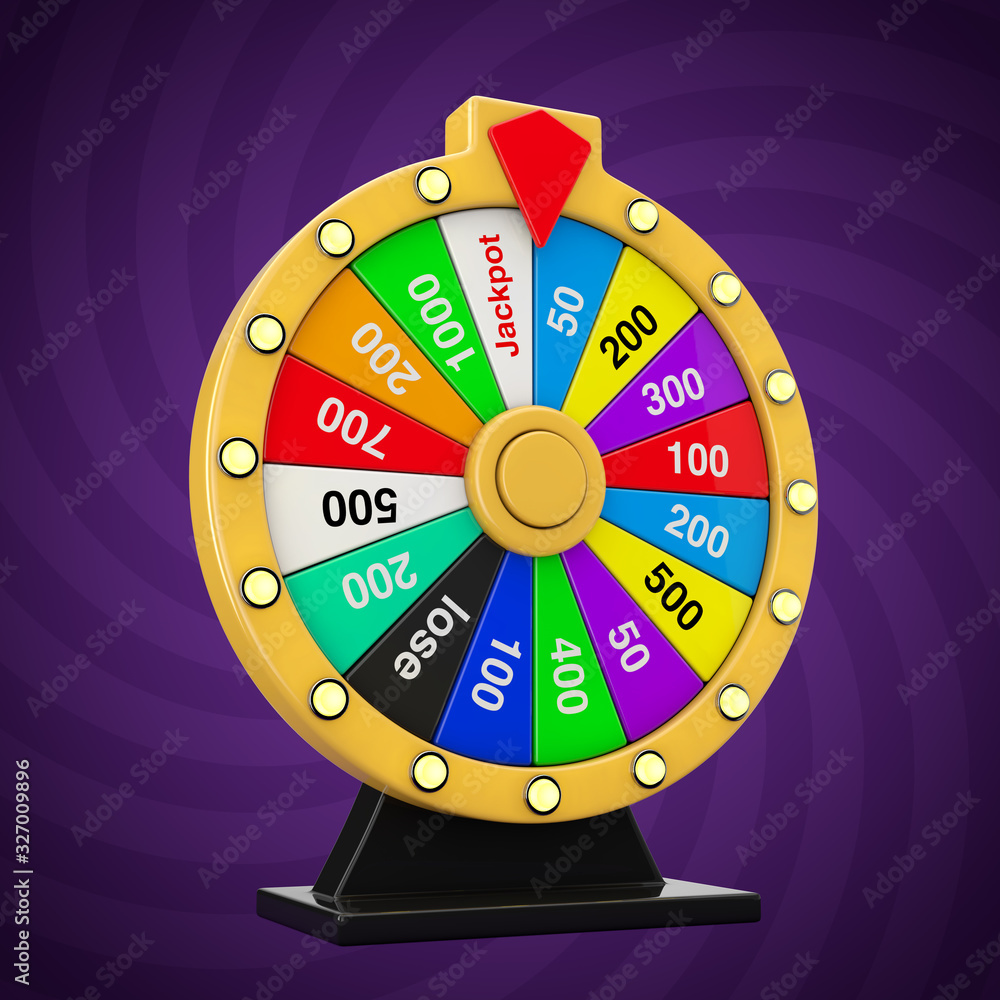 Poster luck and fortune concept. spinning colorful fortune wheel. 3d rendering