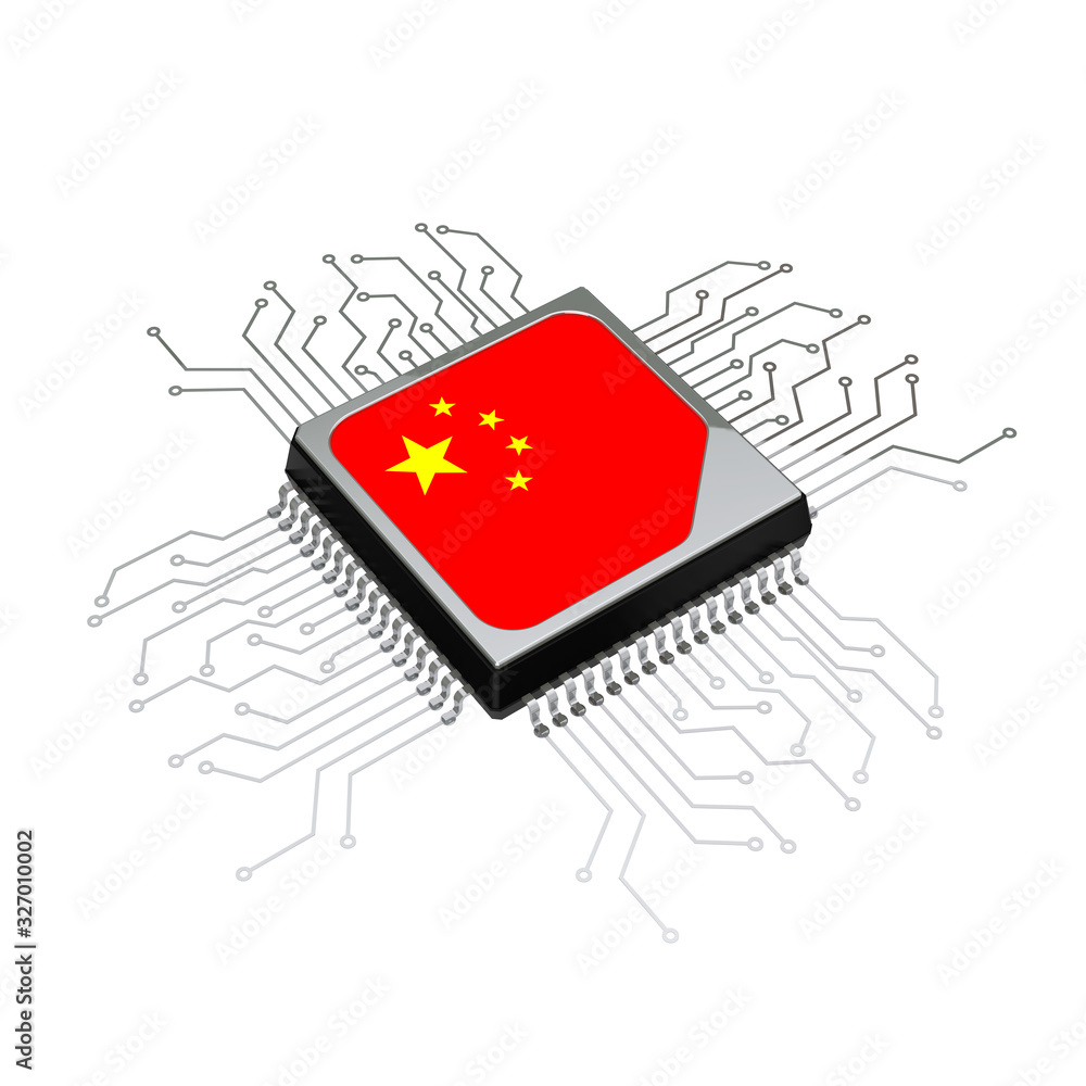 Aufkleber Microchip CPU Processor with Circuit and China Flag. 3d Rendering