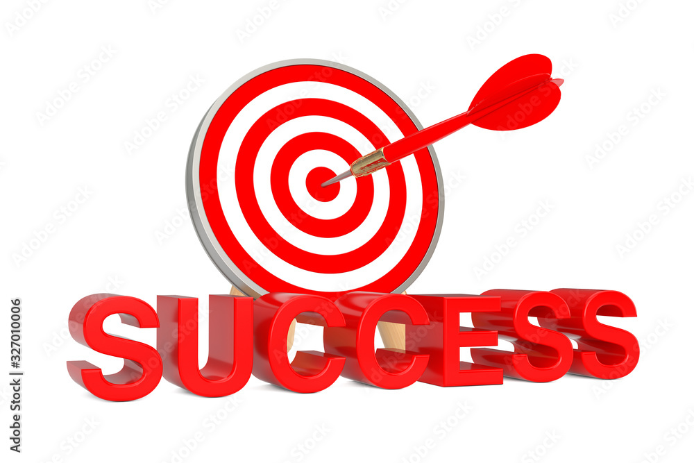 Fototapete Target to Success Concept. Success Sign in front of Archery Target with Dart in Center. 3d Rendering