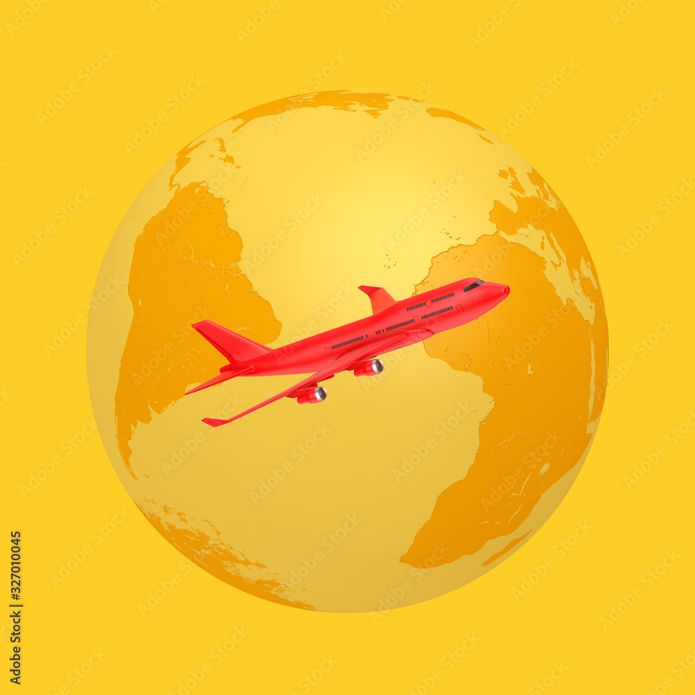 Aufkleber yellow earth globe with red jet passenger's airplane in duotone style. 3d rendering