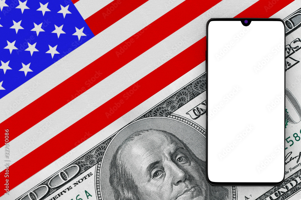 Aufkleber mobile phone with blank screen for your design over usa flag with one hundred dollar bill. 3d render