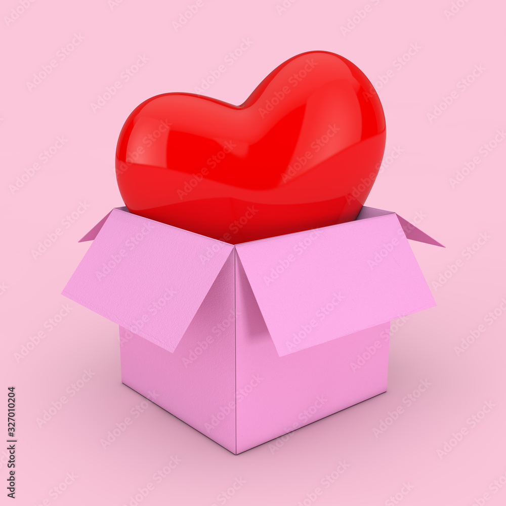 Poster Open Empty Pink Cardboard Paper Box with Red Heart. 3d Rendering