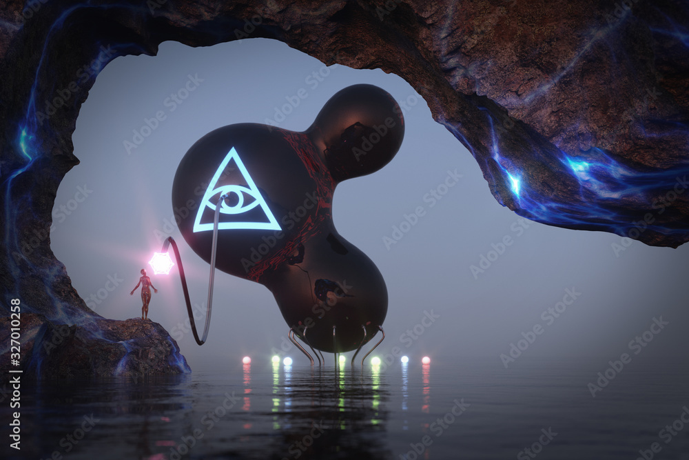 Aufkleber Сave on a Fantastic Planet with Person is powered by Energy from an Alien Spaceship. 3d Rendering