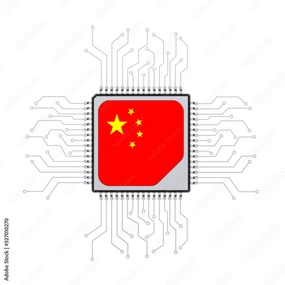 Aufkleber Microchip CPU Processor with Circuit and China Flag. 3d Rendering