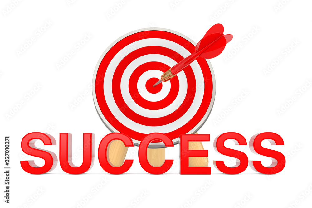 Fototapete Target to Success Concept. Success Sign in front of Archery Target with Dart in Center. 3d Rendering
