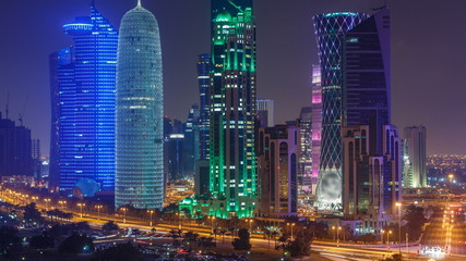The skyline of the West Bay area from top in Doha timelapse, Qatar.
