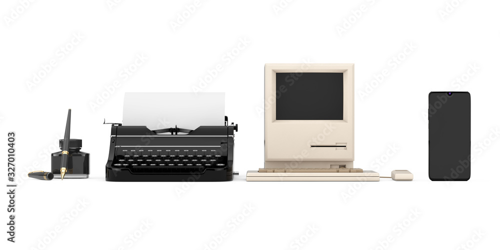 Poster technology evolution concept. progress from ancient fountain pen with ink bottle, through retro type