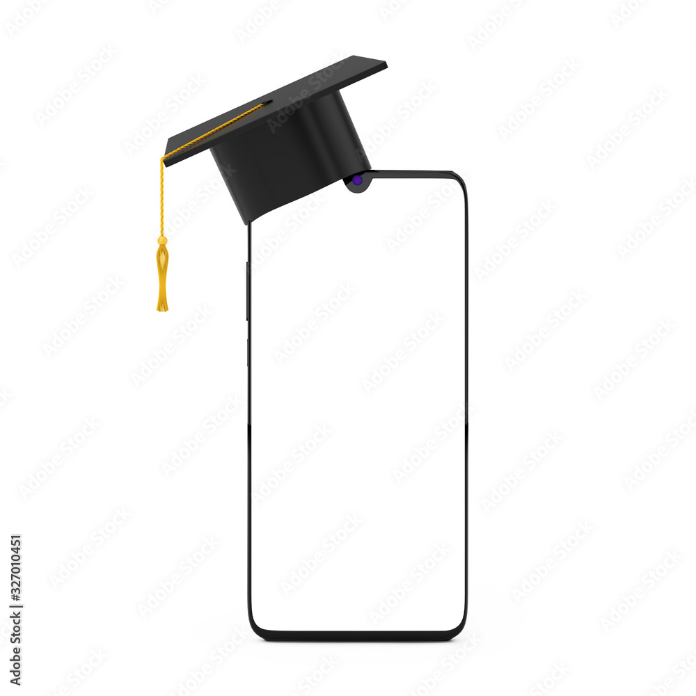 Poster graduation hat on blank display mobile phone with free space for your design. 3d rendering