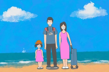 family on the beach during pandemic virus.