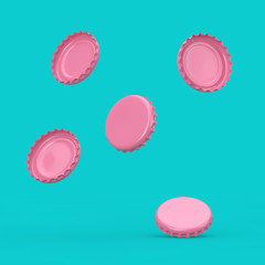 Pink Beer Bottle Caps in Duotone Style Fall Down. 3d Rendering