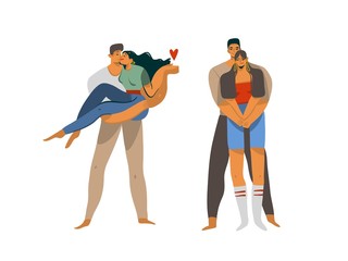 Hand drawn vector stock abstract graphic Love illustrations collection set with young romantic kissing walking couples together isolated on white background.