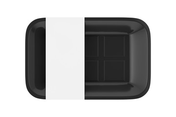 Empty Black Plastic Food Container Tray Package with Blank Label for Your Design. 3d Rendering