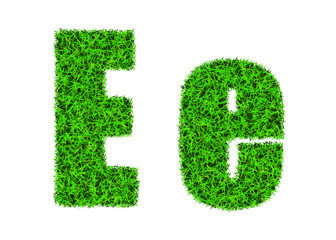 Green grass font. The letter E. Lawn texture alphabet on white background.