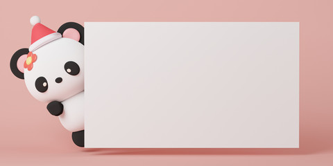 Merry Christmas and Happy New Year . Cute panda doll character with white blank sheet of paper on pink pastel background, Advertising, Business communication board poster, paper message. 3d render © Kakabe
