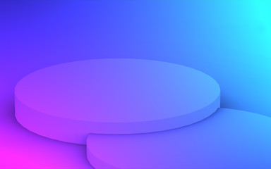 3d purple blue neon light cylinder podium minimal studio gradient dark colors background. Abstract 3d geometric shape object illustration render. Display for nightclub party and technology product.