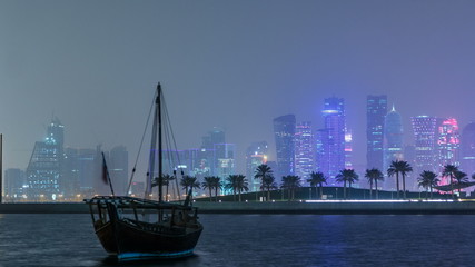 A panoramic view of the old dhow harbour night timelapse in Doha, Qatar, with