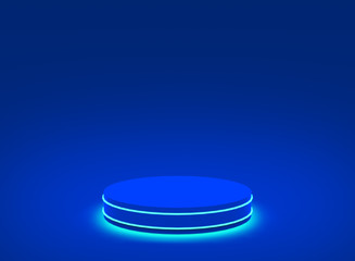 3d blue neon light cylinder podium minimal studio blue dark background. Abstract 3d geometric shape object illustration render. Display for technology product.